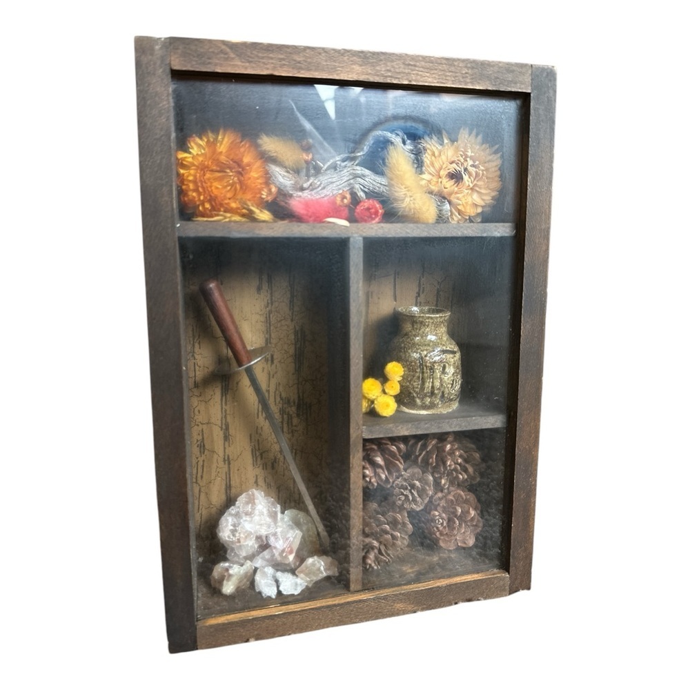 Vintage Solid Wood Witchy Whimsical Shadow Box Flowers Crystals Pinecones Etc